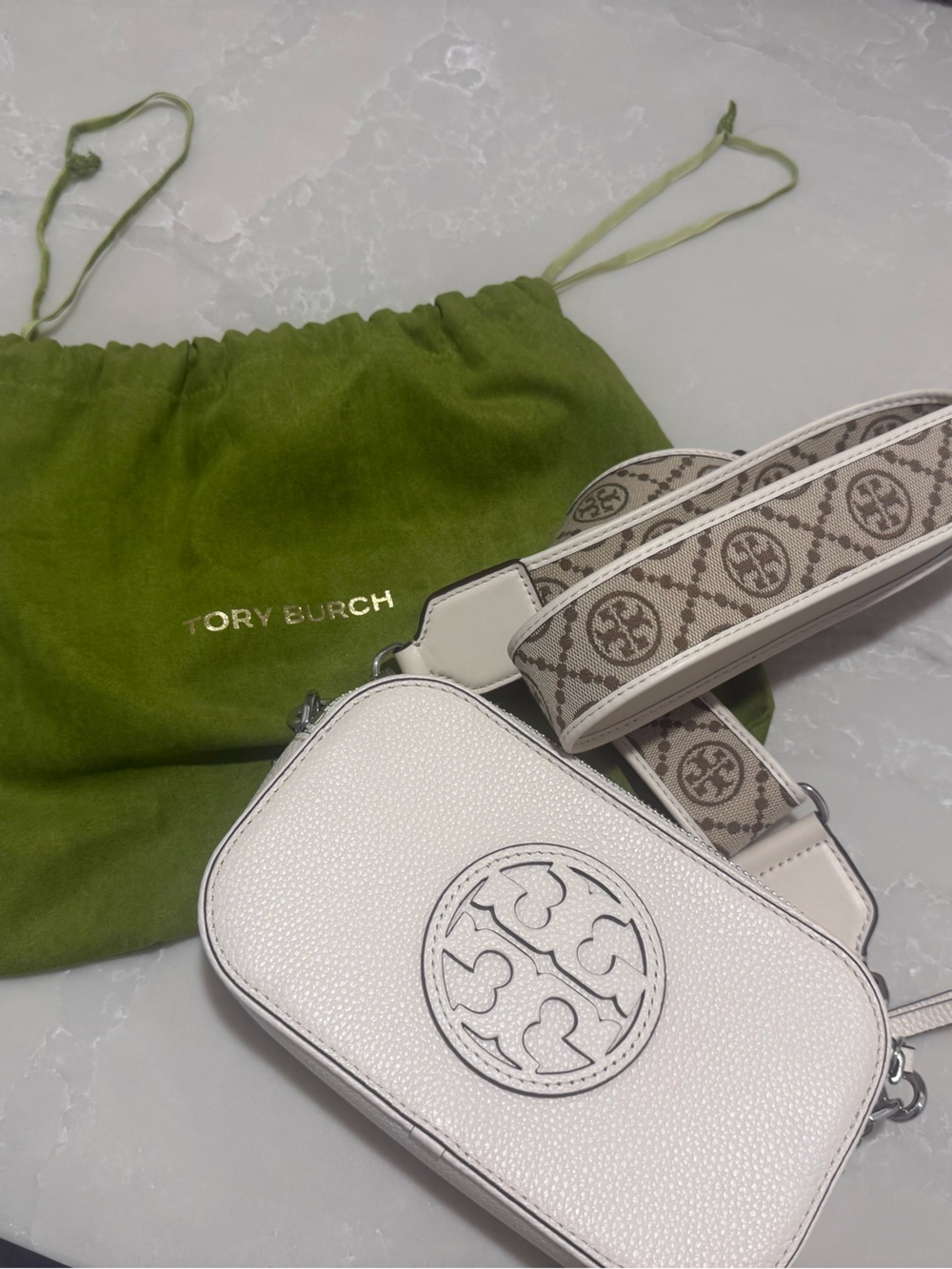 Tory Burch White Miller Pebbled Camera Bag with Monogram Strap